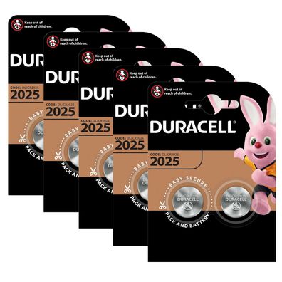 5x Duracell Knopfzelle Lithium CR 2025 DL2025 3V Batterien 2er Blister