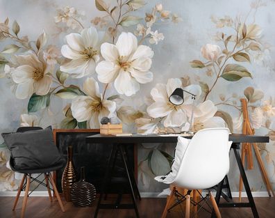 Vlies Fototapete Blumen weiß Natur Blätter TAPETE XXL Wohnzimmer Schlafzimmer
