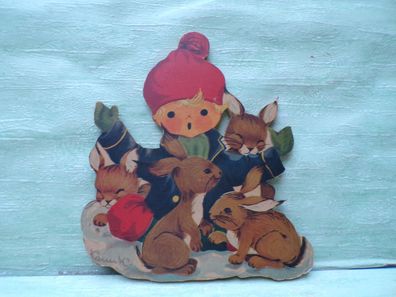 Kinder-Holz-Wandbild Laubsägearbeit signiert Wichtel Hasen sehr schönes Kindermotiv