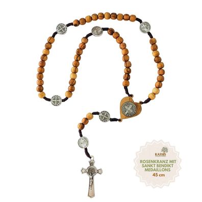 St. Benedikt-Rosenkranz aus Olivenholz 45 cm - handgefertigt in Bethlehem