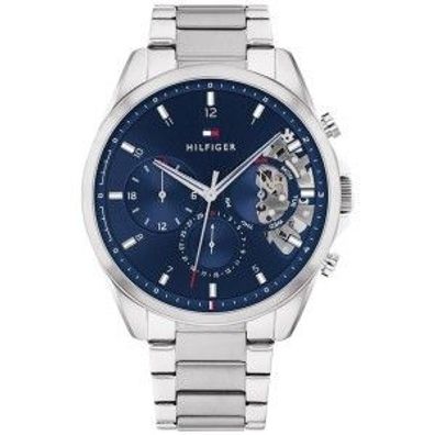Tommy Hilfiger Herrenuhr TH1710448, 44 mm, Edelstahl, silber-blau, mit Datumsanzeige