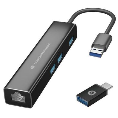 Conceptronic Adapter USB3.0-> RJ45,3xUSB3.0, ypC Ad 0.15m sw