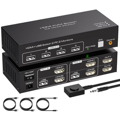 HDMI KVM Switch 2 PC 2 Monitore 4K60Hz mit 4x USB 2.0