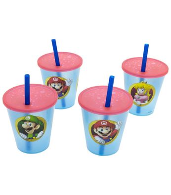 Super Mario Kinder Becher Set 4 teilig 285 ml Becher mit Trinkhalm
