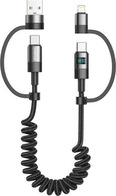 Xssive 4in1 dehnbares 1,5m Lade-und Datenkabel Lightning & USB-C zu USB-C & USB-A