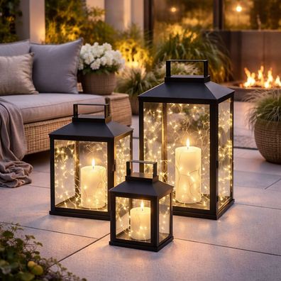 3er Deko Laternen Set Schwarz Gartenlaterne Windlicht Metall Außen H28/35/44cm