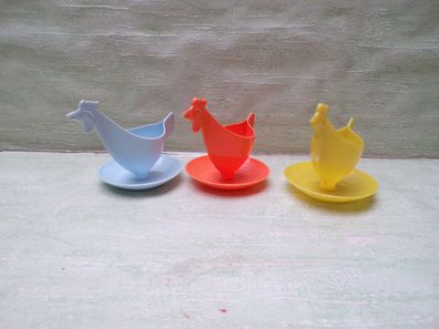 3 alte Sonja Plastik Hühnereierbecher orange blau gelb EVP M-,82 Vintage