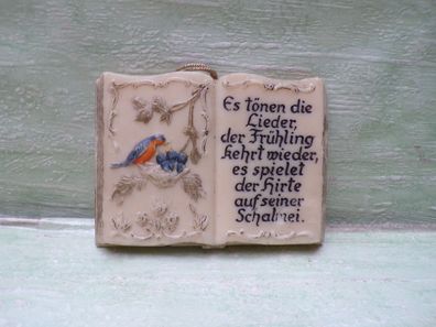 Wachsbild Buch Es tönen die Lieder der Frühling kommt wieder Vogelmotiv 11x8x1cm