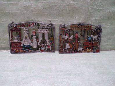 2 Szenen Zinn Bilder Kühn 92% 13x9cm Kinderstube Kindermädchen Im Stall Bauer