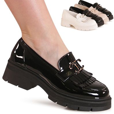 topschuhe24 3229 Damen Halbschuhe Plateau Slipper Fransen