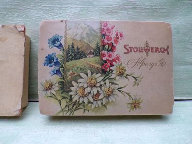alte Stollwerck Alpengold Pralinenschachtel 125gr -leer- 15,5x11x3cm Edelweiß Enzian