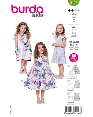 burda Schnittmuster Mädchen Kurzarm Sommerkleider #9197 Gr. 98-140