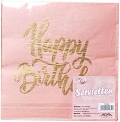 Servietten "Happy Birthday", rosa/gold, 20-tlg