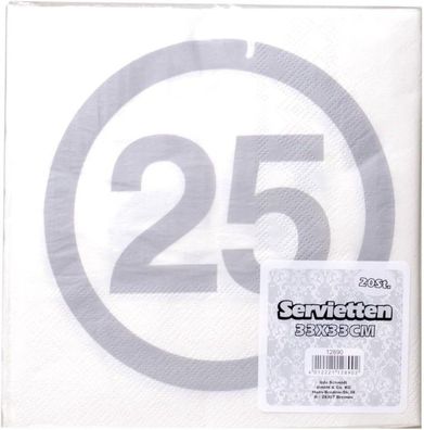 Servietten Silber im Warnschild Design mit Aufdruck"25" für Silberhochzeit