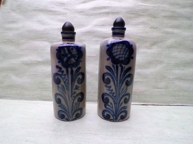 2 Guch Steinzeugflaschen Handarbeit Korkverschluß Salzglasur blau 22,5 & 24cm