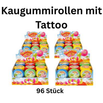 96x Kaugummirollen mit Tattoo Display Bubble Gum Fasching
