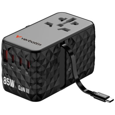 Verbatim GaN III Universal Travel Adapter mit einziehbarem USB-C Kabel, 4 x USB-C