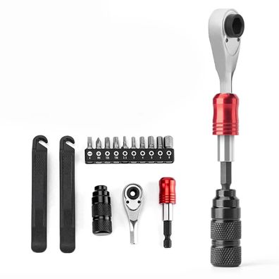Rockbros Fahrradreparaturset - Schwarz, 2x Reifenheber, 10x Bits, Metallgriff, Rassel