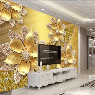Juwel Blumen Wandtapete Gold Diamant Luxus Wandbild Floral 3D Wanddeko Dekorativ 7064