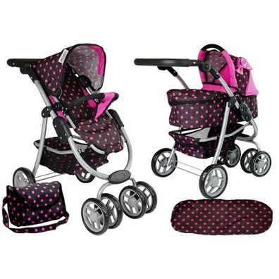 Leantoys 2-in-1 Kinderwagen mit Tasche schwarz und rosa