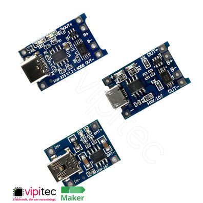 TP4056 Laderegler Modul für Li-Ion LiPo Akku | USB-C Micro USB Mini USB | 1A BMS