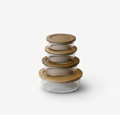 Frischhaltedosen aus hochwertigem Borosilikatglas mit Akazienholzdeckel - rund