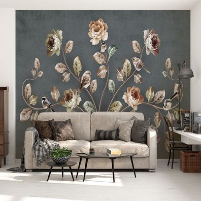 Vlies Fototapete Blumen Vögel Kunst Wandtapete Wandbild XXL Modern 6136