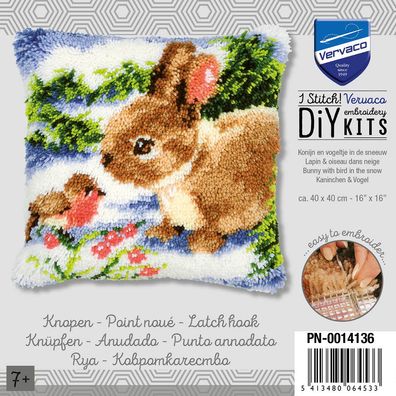 Vervaco PN-0014136 Knüpfkissen Hase mit Rotkehlchen