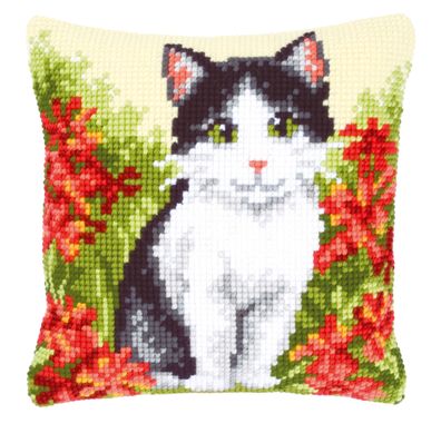 Vervaco PN-0143701 Kreuzstichkissen Katze in Blumenwiese