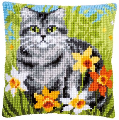 Vervaco PN-0150975 Kreuzstichkissen Katze zwischen Blumen