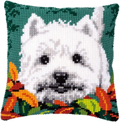 Vervaco PN-0170288 Kreuzstichkissen Westie zwischen Blättern