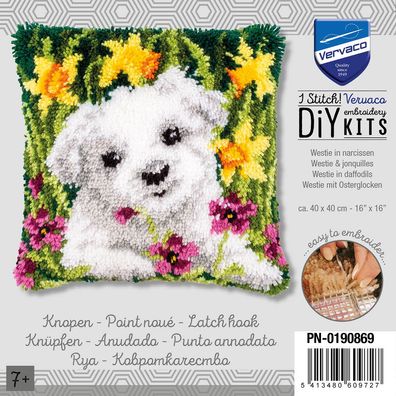 Vervaco PN-0190869 Knüpfkissen Westie mit Osterglocken