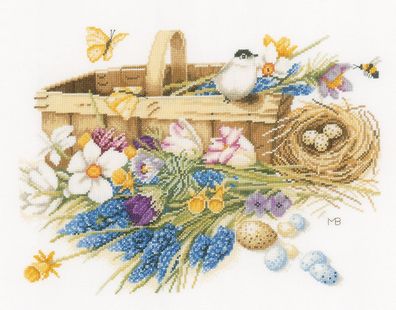 Lanarte Frühlingsblumen Korb mit Vogelnest Kreuzstichpackung
