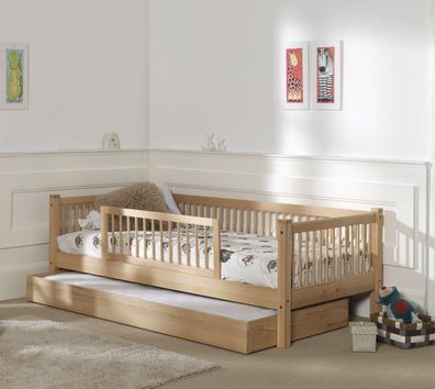 Kojenbett 90x200 Bettschublade Rausfallschutz Lattenrost Jugendbett Buche Natur