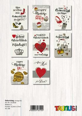 Geburtstagskarten - 100 Stück - 6 Motive