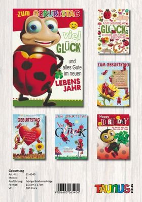 Geburtstagskarten Marienkäfer - 100 Stück - 6 Motive
