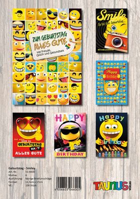 Smiley Geburtstagskarten - 100 Stück - 6 Motive