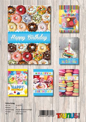 Geburtstagskarten - 100 Stück - 6 Motive