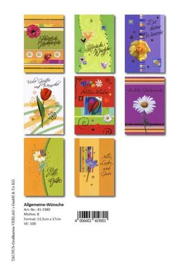 Allgemeine Wünsche Grußkarten - 100 Stück - 8 Motive