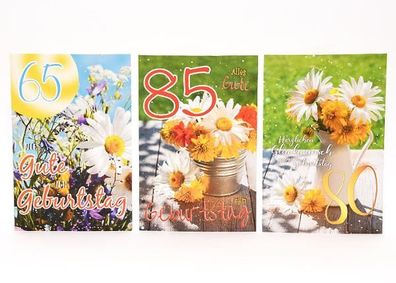 Zahlengeburtstagskarte 65-90 Jahre 100 - Stück - 3-fach sortiert