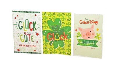 Geburtstagskarte Glück - 100 Stück - 3 Motive - 11,5 x 17,5 cm