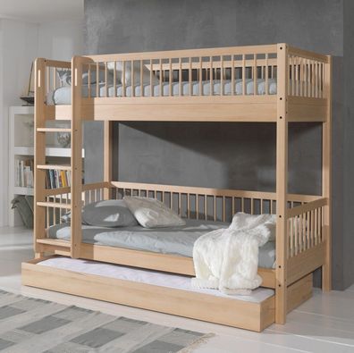 Etagenbett 90x200 mit Bettschublade Buche massiv natur Jugendbett Hochbett
