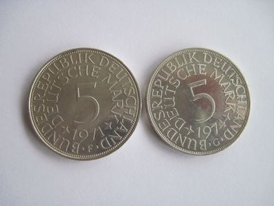 2 Silbermünzen 5 DM 1971 F + 1974 G Silberadler, Silber
