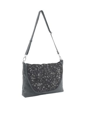 Rind-Veloursleder-Tasche m. Perlen, grau