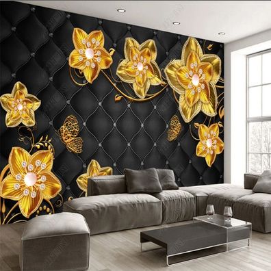Vlies Fototapete 3D Gold Blumen Luxus Wandtapete Schmuck Wandbild Elegant 5909-5910