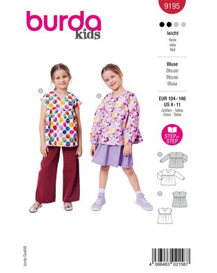 burda Schnittmuster Mädchen Lockere Bluse #9195 Gr. 104-146