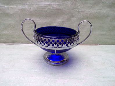 alte Zuckerdose Schale Kobaltglas blau Metall-Zier-Ständer silbern