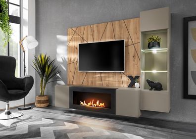 Wohnwand Anbauwand XARI SGAS-K mit Led B. und Push - Click und Bio-Ethanol Kamin