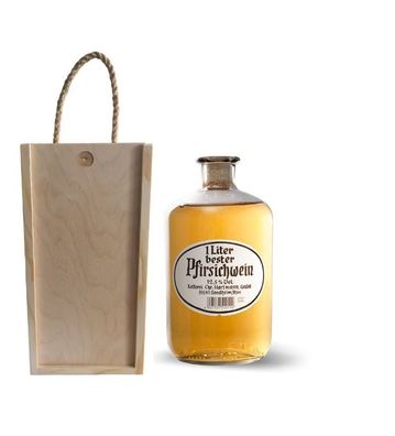 Geschenk Apothekerflasche Fruchtwein Pfirsichwein mit Holzbox und Tragekordel