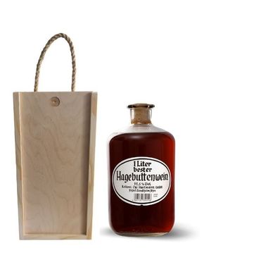 Apothekerflasche Fruchtwein Hagebutte mit Holzbox und Tragekordel